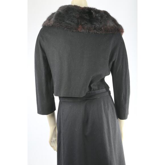 Kennie Belted Black Wool Skirt Suit Mink Fur Collar Jacket Vintage Set Size S - Picture 15 of 16
